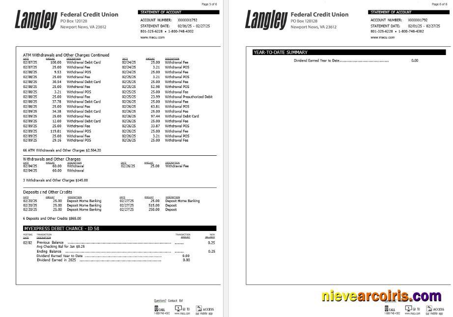 USA Langley Federal Credit Union bank statement, 6 pages 3
